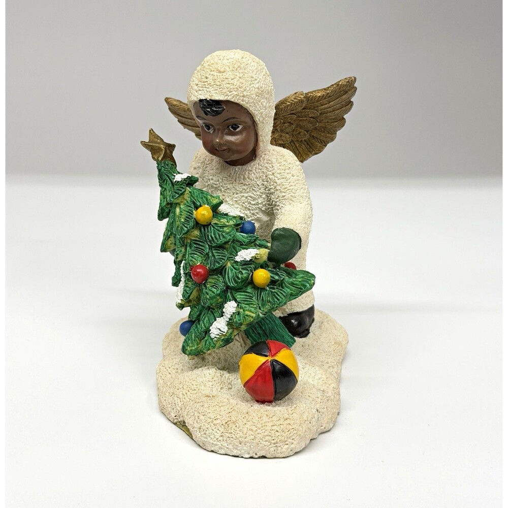 Vtg African American Christmas Angel Figurine Tree Snow Gold Wings 5” *READ*